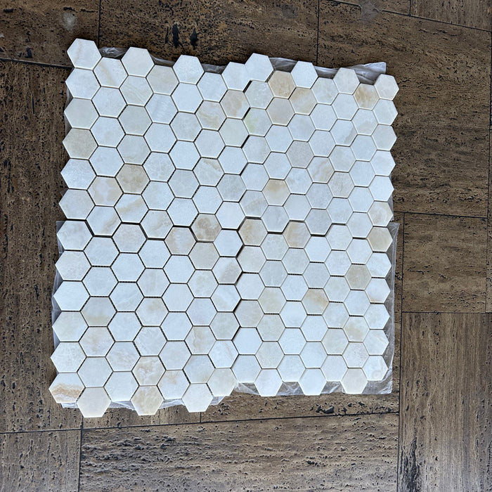Polished White Cross Cut Onyx Mosaic - 2" Hexagon