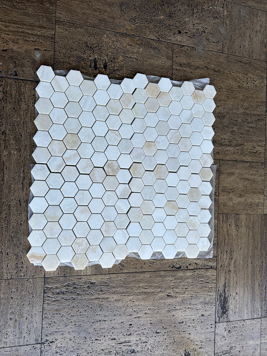 Polished White Cross Cut Onyx Mosaic - 2" Hexagon
