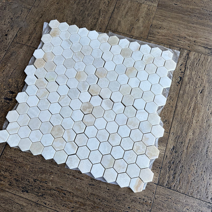 White Cross Cut Onyx Mosaic - Polished 2" Hexagon