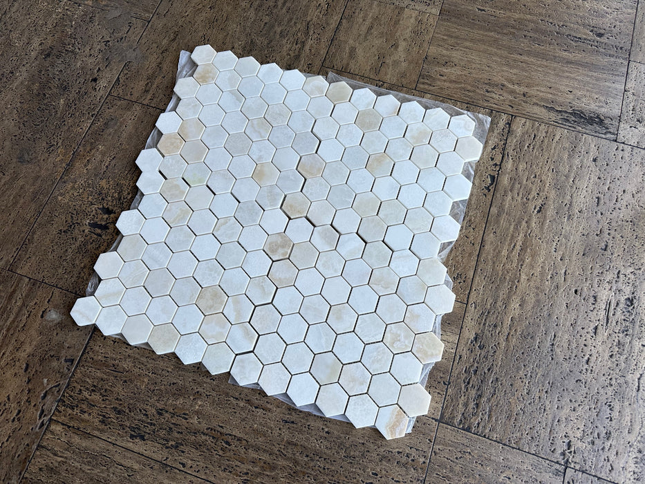 White Cross Cut Onyx Mosaic - Polished 2" Hexagon