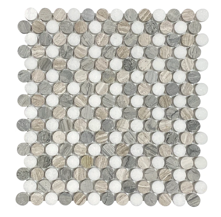 Wooden Blue, Gray & Thassos White Blend Marble Mosaic Polished 1