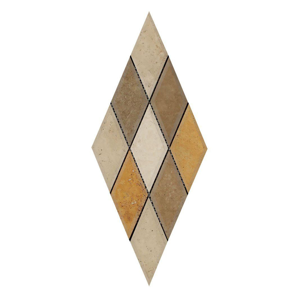 3 Color Mixed Travertine Mosaic - 3" x 6" Beveled Diamond Honed