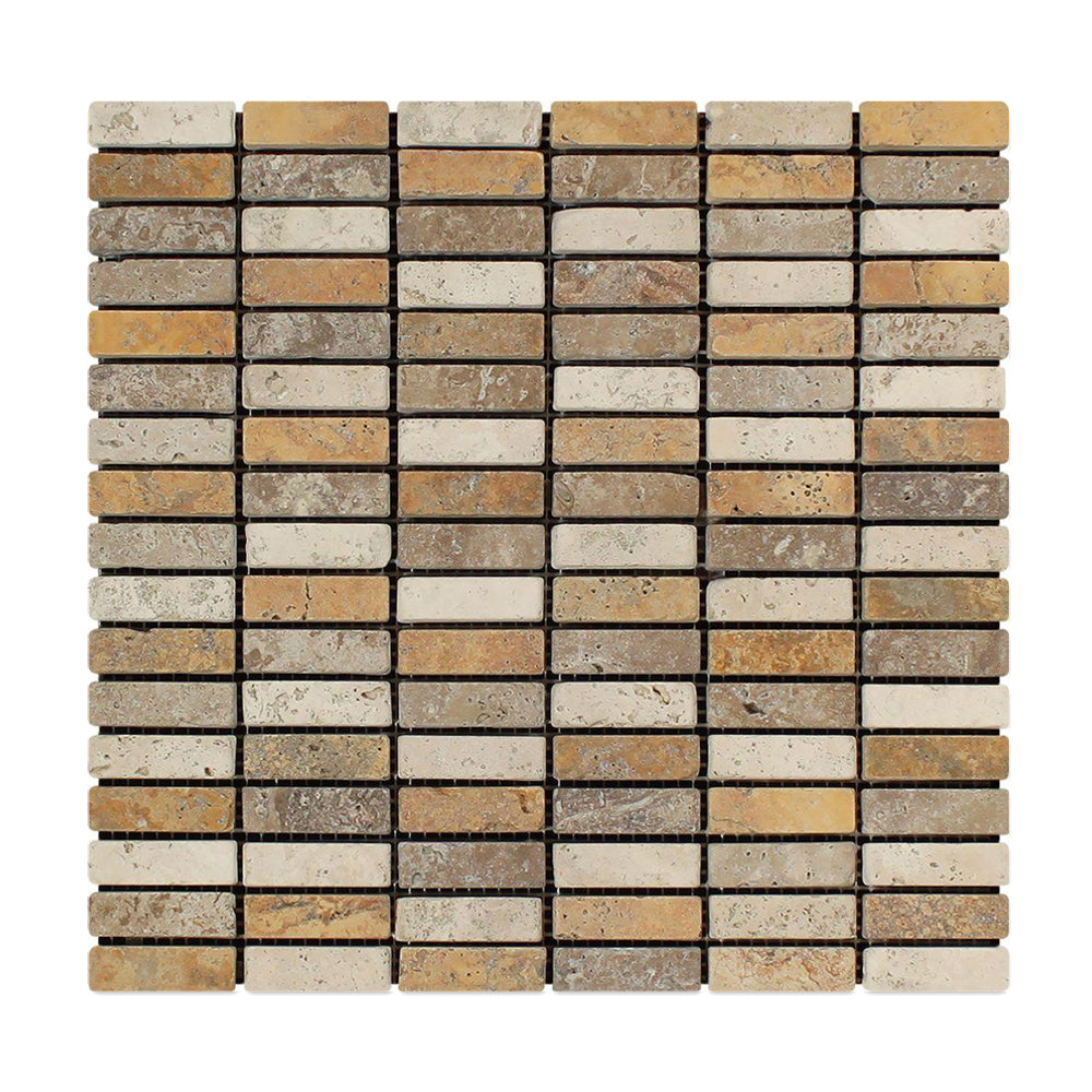 3 Color Mixed Travertine Mosaic - 5/8" x 2" Stacked Tumbled