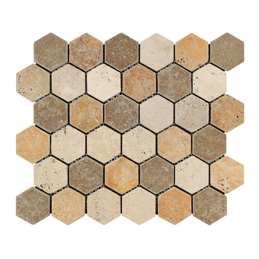 3 Color Mixed Travertine Mosaic - 2" Hexagon Tumbled