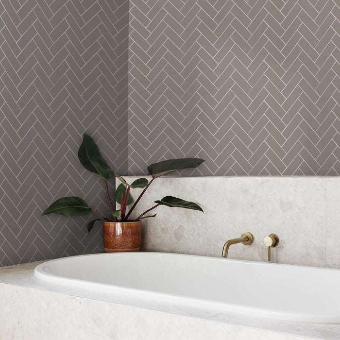 Grandeur Taupe Glossy Herringbone