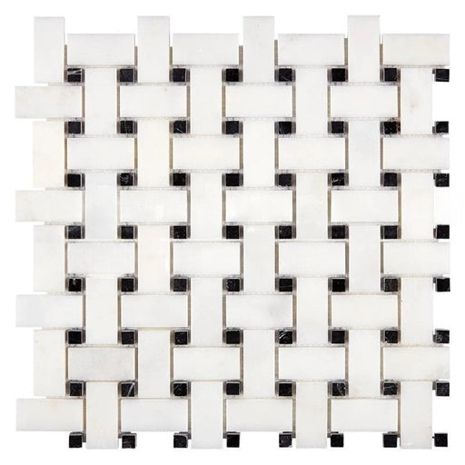 Afyon White Marble Mosaic - Basket Weave with Black Dots Polished