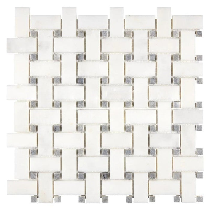 Afyon White Marble Mosaic - Basket Weave with Blue/Gray Dots Polished