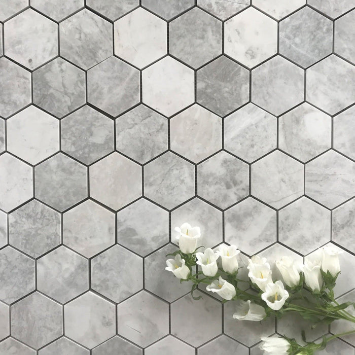 Alicha White Marble Mosaic - 3" Hexagon Polished