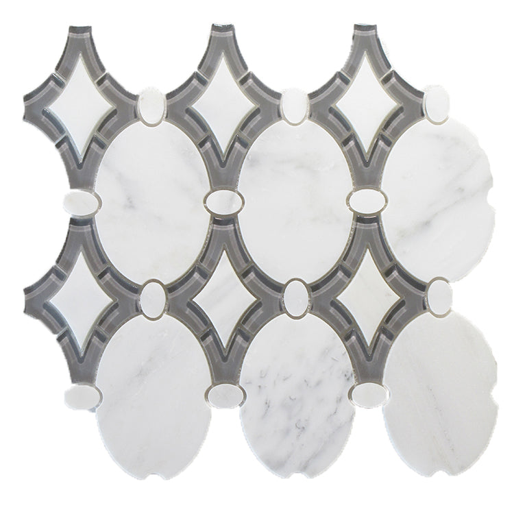 Antique Oriental White & Clear Grey  Polished Marble & Glass Mosaic - Oval