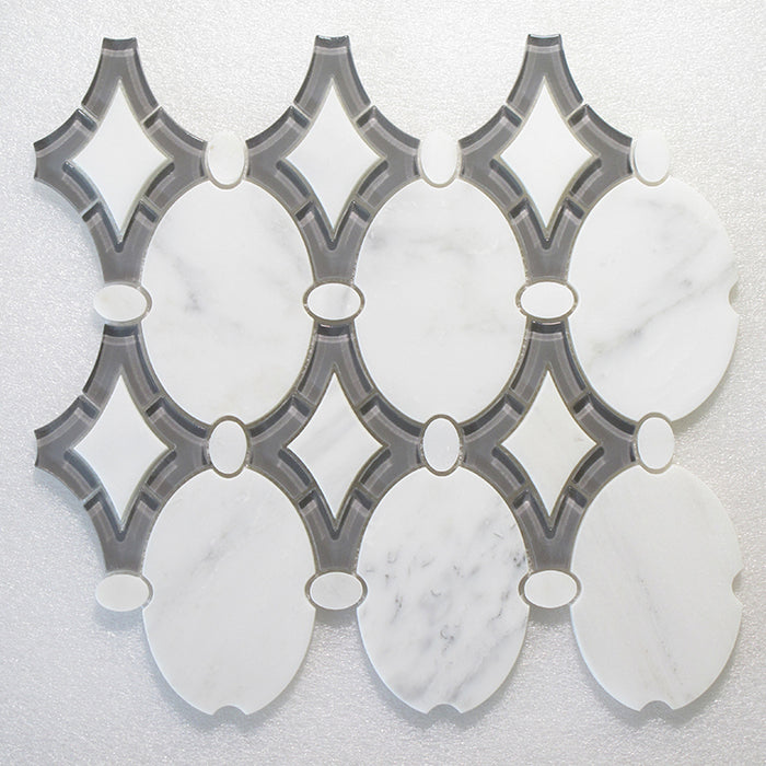 Polished Antique Oriental White & Clear Grey  Marble & Glass Mosaic - Oval