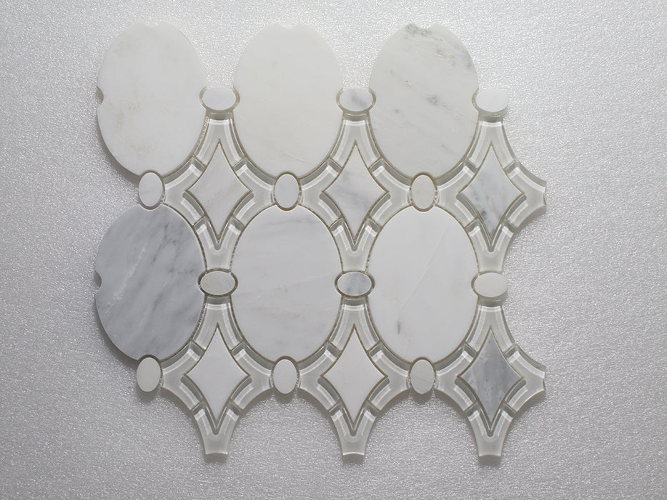 Polished Antique Oriental White & Clear White Marble & Glass Mosaic - Oval