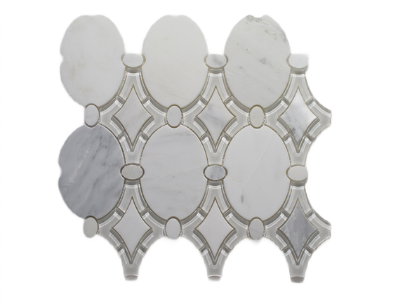 Antique Oriental White & Clear White Polished Marble & Glass Mosaic - Oval