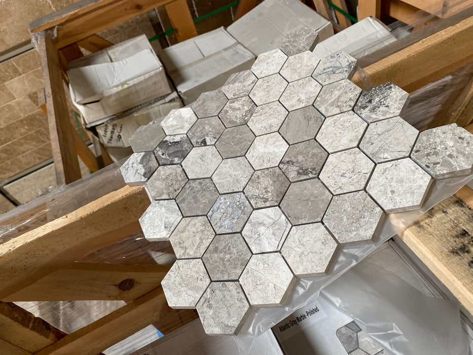 Tundra Gray Polished / Honed Marble Mosaic - 2" Hexagon