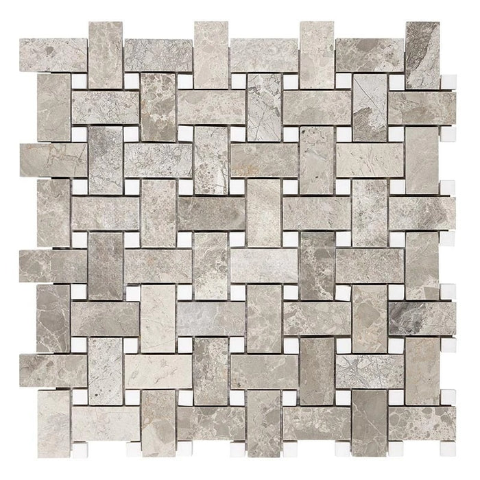 Atlantic Gray Marble Mosaic - Basket Weave with White Dots