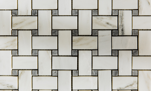 Creme Extra / Silver Cloud Honed Marble Mosaic - Basket Weave with Gray Dots Honed