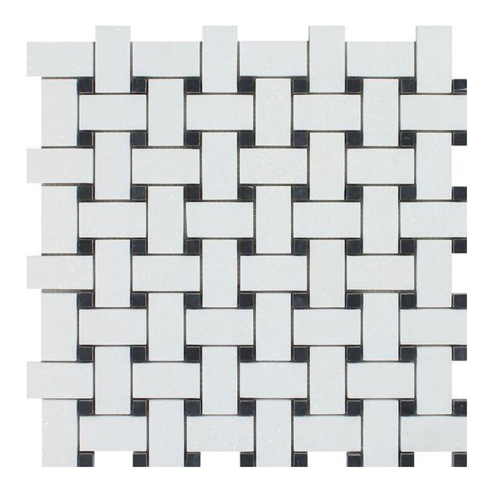 Thassos White Marble Mosaic - Basket Weave with Black Dots Honed