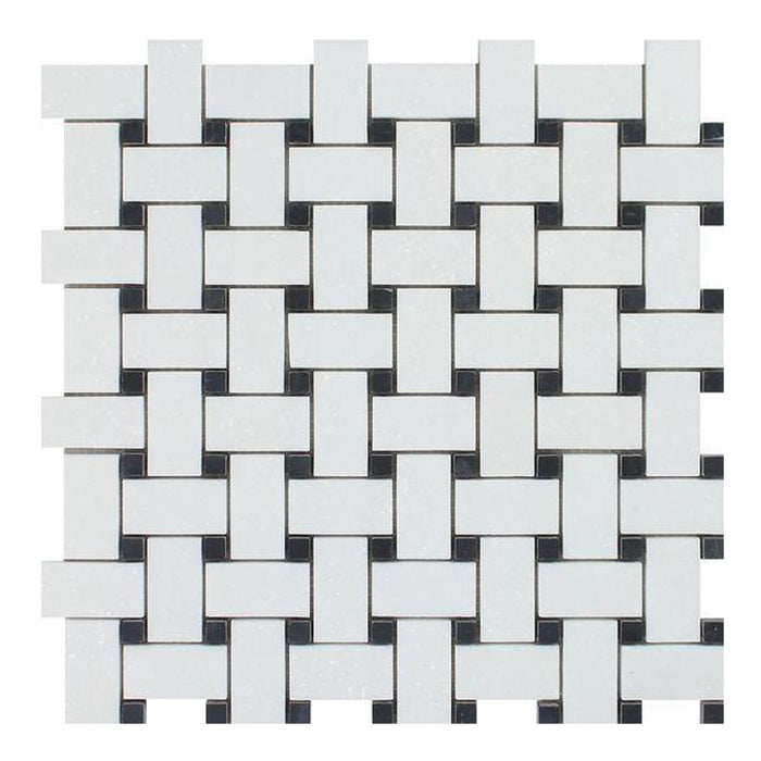 Thassos White Marble Mosaic - Basket Weave with Black Dots Honed