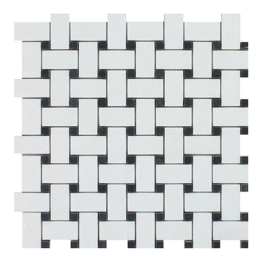 Thassos White Marble Mosaic - Basket Weave with Black Dots Honed