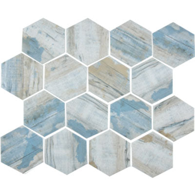 Full Sheet Sample - Aquatica Bark Bay Deco Hexagon Glass Mosaic - 3" Polished