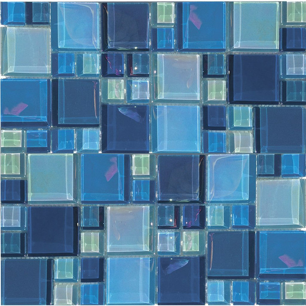 Full Sheet Sample - Aquatica Lux Aqua Blue Bazaar Block Random Glass Mosaic - 12" x 12" Gloss Iridescent