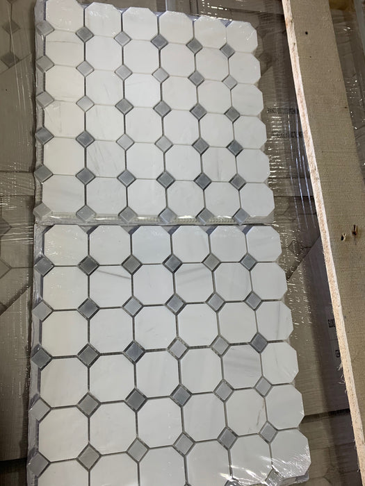 Bianco Dolomite Marble Mosaic - Octagon with Blue/Gray Dots Honed