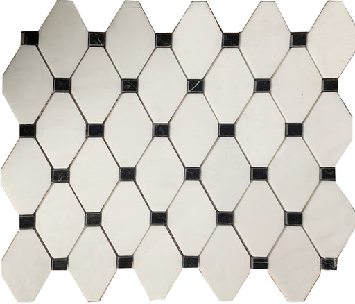 Bianco Dolomite Honed Marble Mosaic - Elongated Octagon with Black Dots
