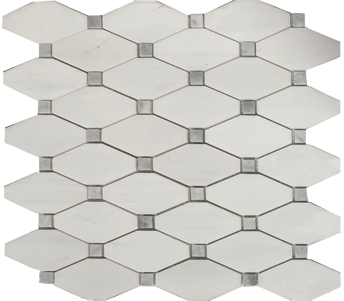 Bianco Dolomite Honed Marble Mosaic - Elongated Octagon with Blue/Gray Dots