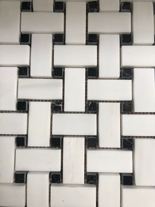 Bianco Dolomite Marble Mosaic - Basket Weave with Black Dots Honed