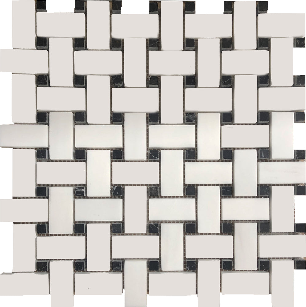 Bianco Dolomite Honed Marble Mosaic - Basket Weave with Black Dots
