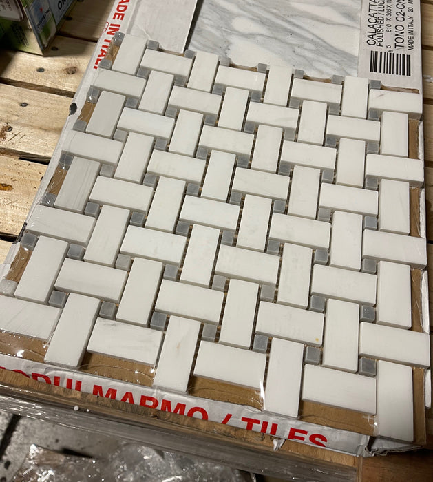 Bianco Dolomite Marble Mosaic - Basket Weave with Blue/Gray Dots Honed