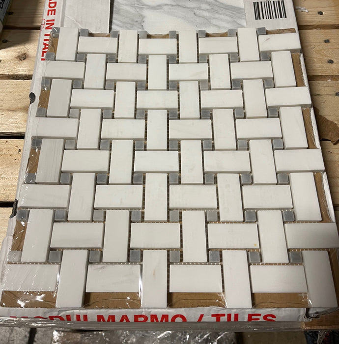 Bianco Dolomite Polished Marble Mosaic - Basket Weave with Blue/Gray Dots