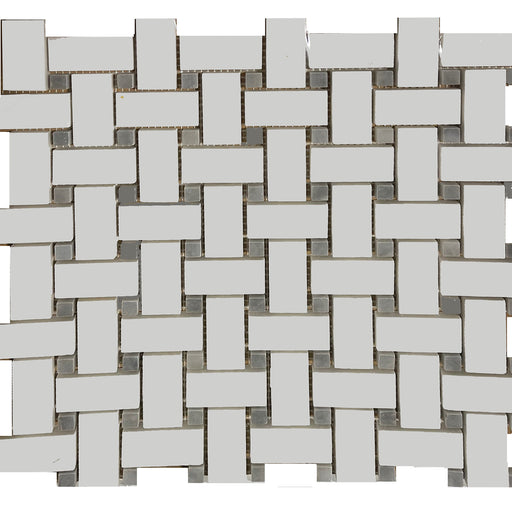 Bianco Dolomite Honed Marble Mosaic - Basket Weave with Blue/Gray Dots