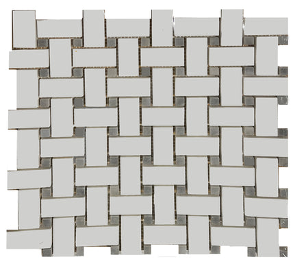 Bianco Dolomite Honed Marble Mosaic - Basket Weave with Blue/Gray Dots
