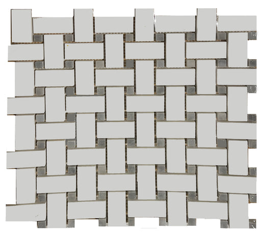 Bianco Dolomite Honed Marble Mosaic - Basket Weave with Blue/Gray Dots