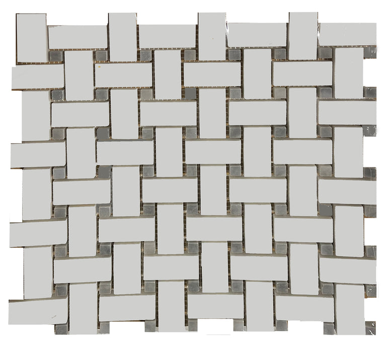 Bianco Dolomite Honed Marble Mosaic - Basket Weave with Blue/Gray Dots