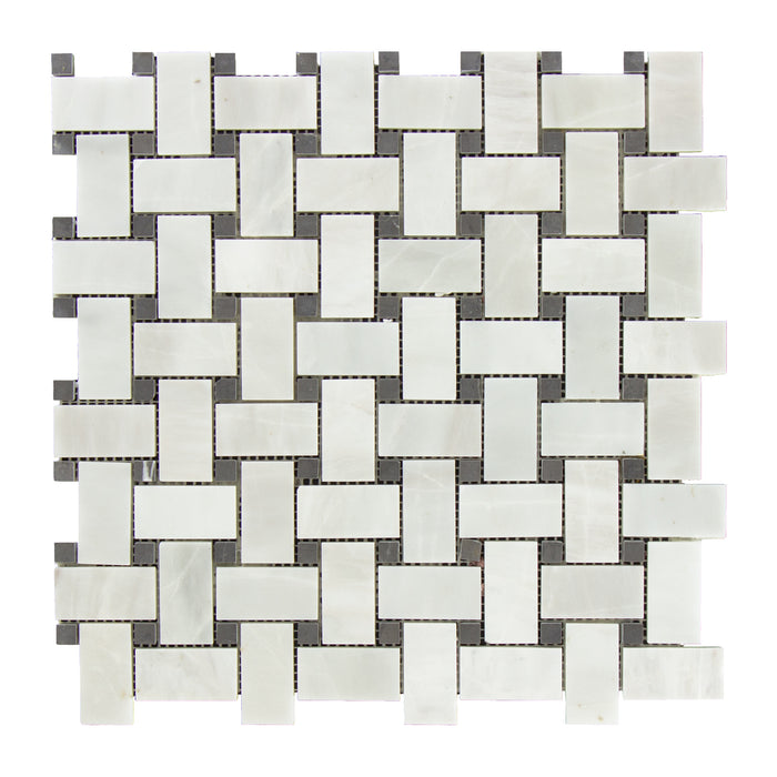 Bianco Garda Marble Mosaic - Basket Weave with Graphite Dots Polished
