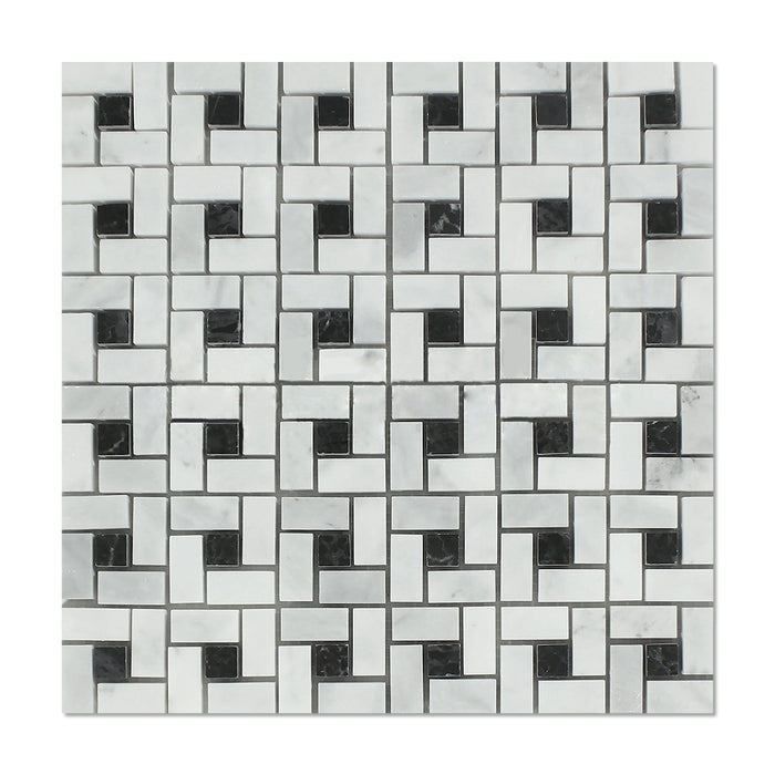 Carrara Venatino Marble Mosaic - 5/8" x 1 1/4" Pinwheel with Black Dots Polished