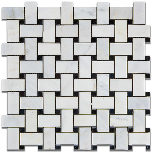 Bianco Bello Polished Marble Mosaic - 1" x 2" Basket Weave with Black Dots