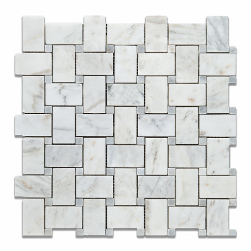 Carrara Venatino Marble Mosaic - Basket Weave with Blue-Gray Dots Polished