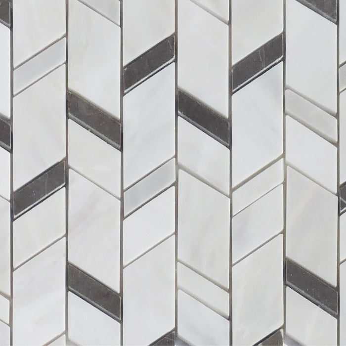 Bianco Garda Marble Mosaic - Offset Chevron with Graphite Polished