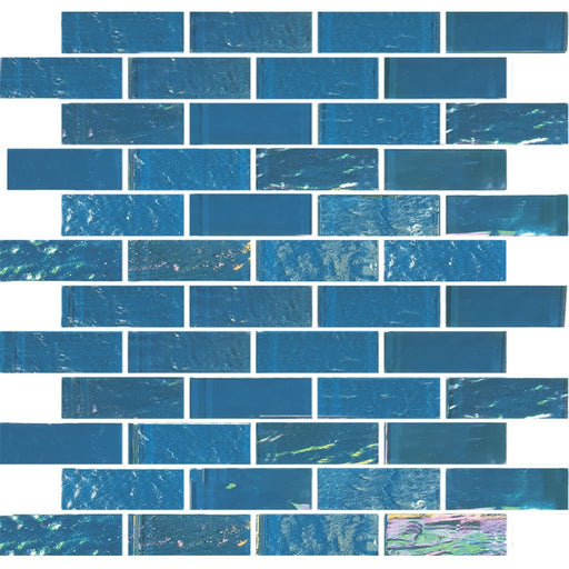 Full Sheet Sample - Aquatica Nautical Bimini Blue Staggered Glass Mosaic - 1" x 3" x 6 MM Iridescent