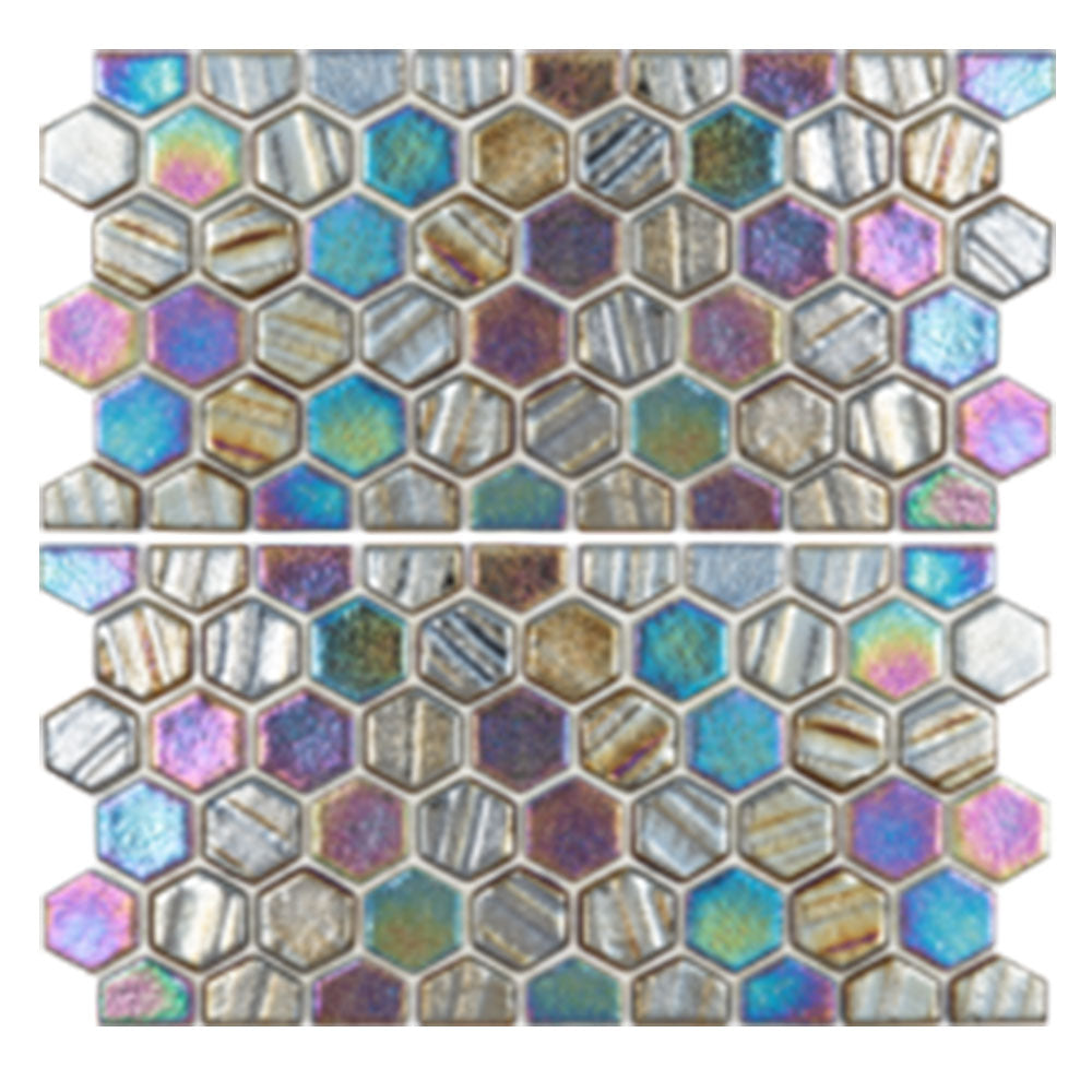 Full Sheet Sample - Illusions Black With Border Deco Hexagon Glass Mosaic - 1" x 1" x 4 MM Iridescent