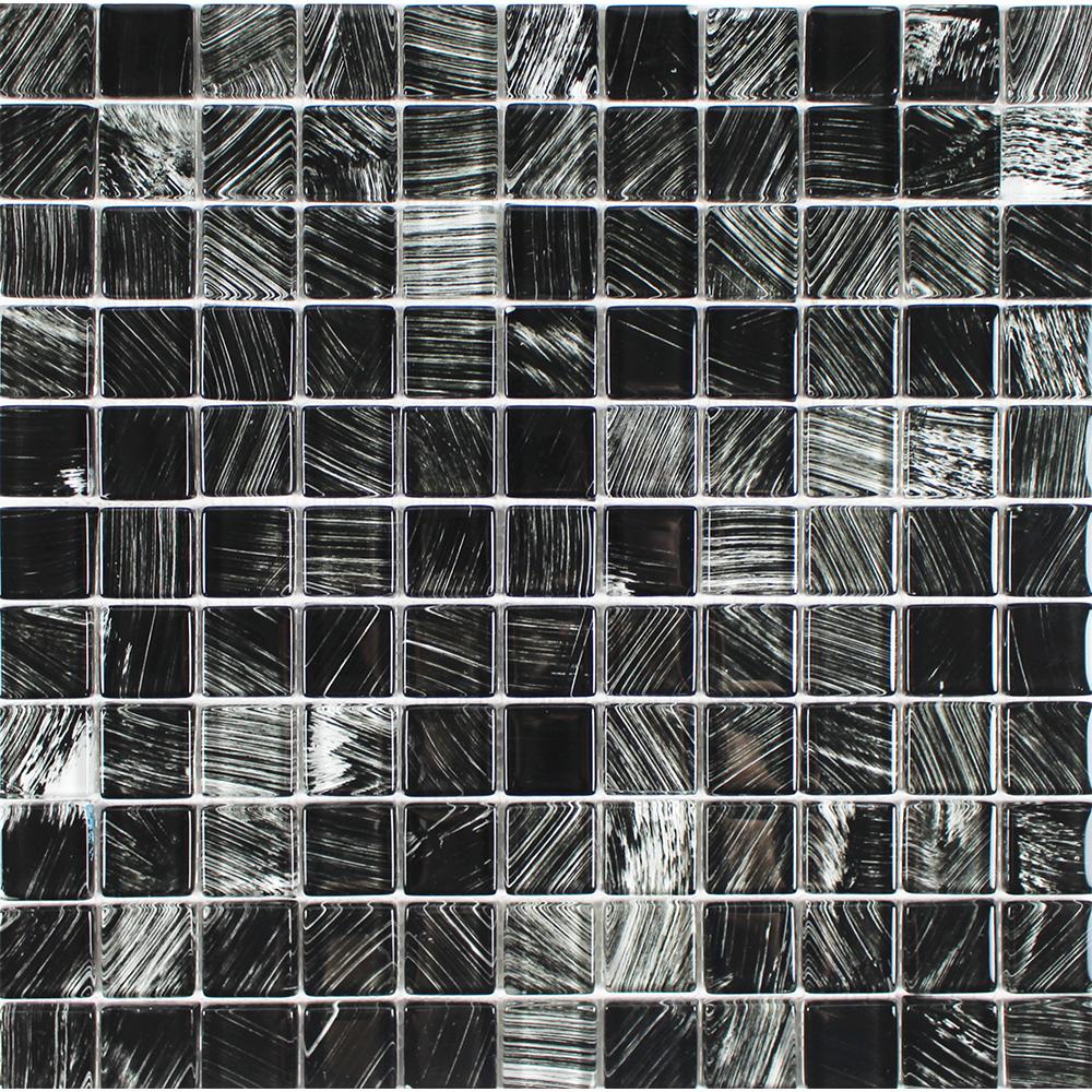 Full Sheet Sample - Aquatica Watercolors Black Glass Mosaic - 1" x 1" Glossy