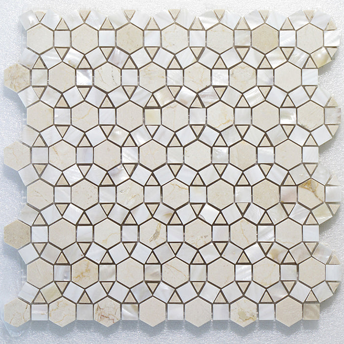 Full Sheet Sample - Carrara with White Shell Bloom Marble & Shell Mosaic - 11.5" x 11.75" x 3/8" Polished