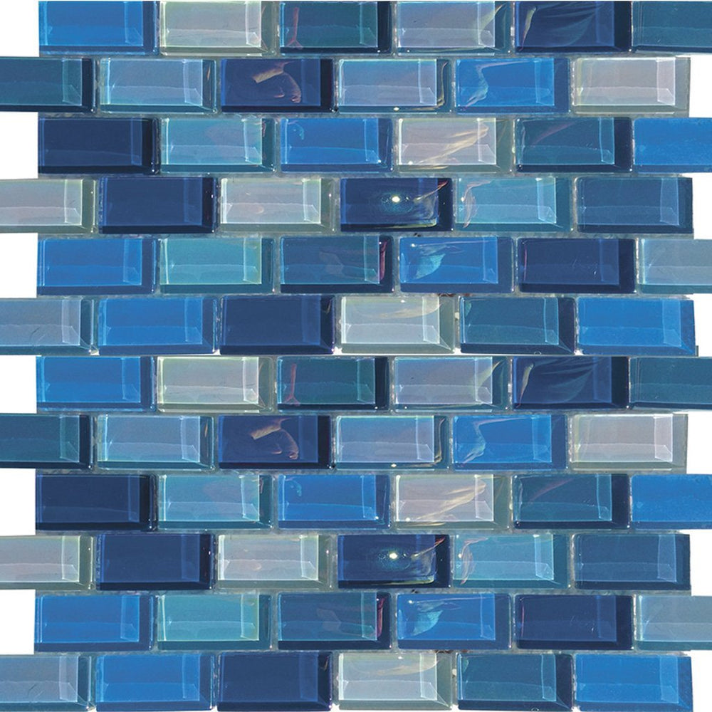 Full Sheet Sample - Aquatica Lux Aqua Blue Bazaar Brick Glass Mosaic - 1" x 2" Gloss Iridescent