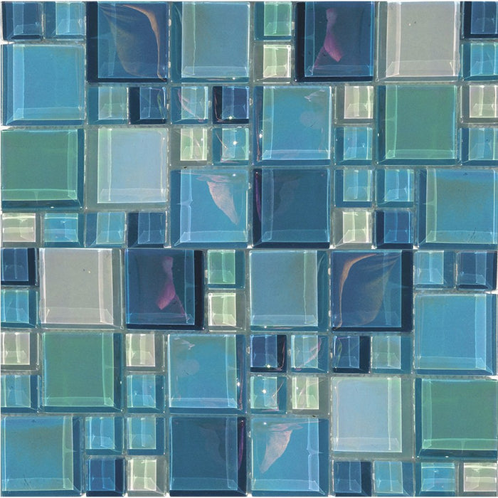 Full Sheet Sample - Aquatica Lux Aqua Blue Magic Block Random Glass Mosaic - 12" x 12" Gloss Iridescent