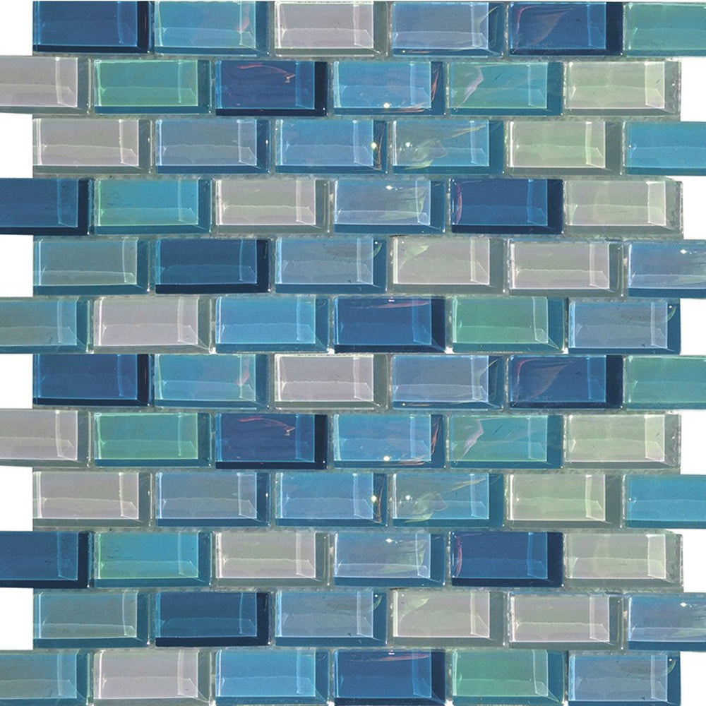 Full Sheet Sample - Aquatica Lux Aqua Blue Magic Brick Glass Mosaic - 1" x 2" Gloss Iridescent