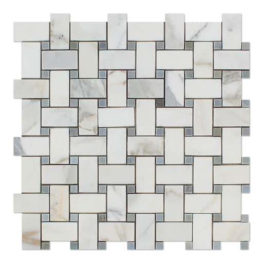 Calacatta Gold Marble Mosaic - Basket Weave with Gray Dots Polished