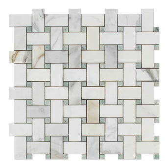 Calacatta Gold Marble Mosaic - Basket Weave with Ming Green Dots