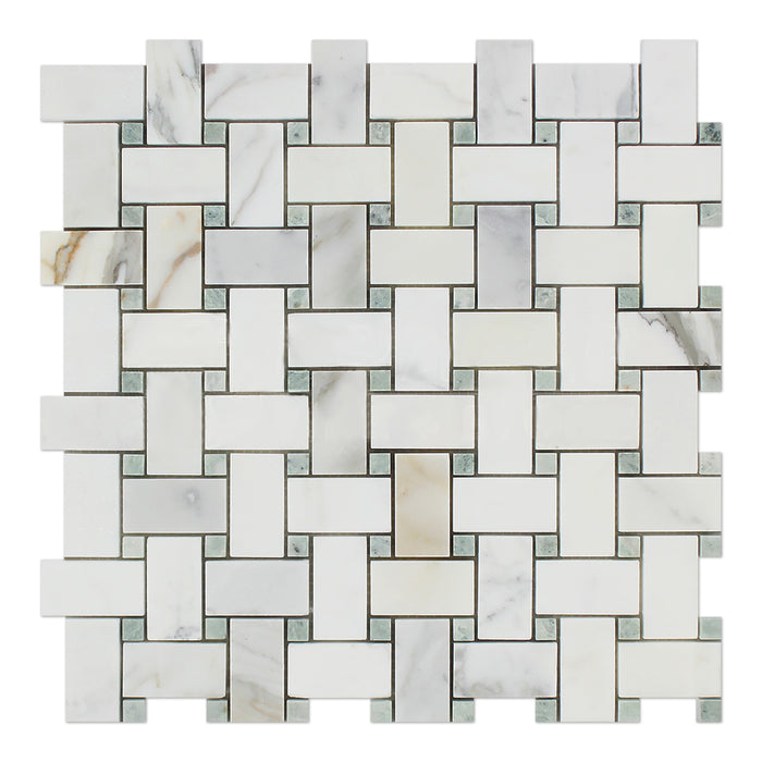 Calacatta Gold Marble Mosaic - Basket Weave with Ming Green Dots